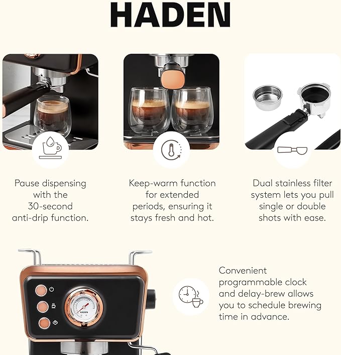 HADEN Barista Brew Espresso Coffee Machine, Stainless Steel Espresso Maker with Milk Frother and Steamer Function and 1.5L Water Tank, Black & Copper