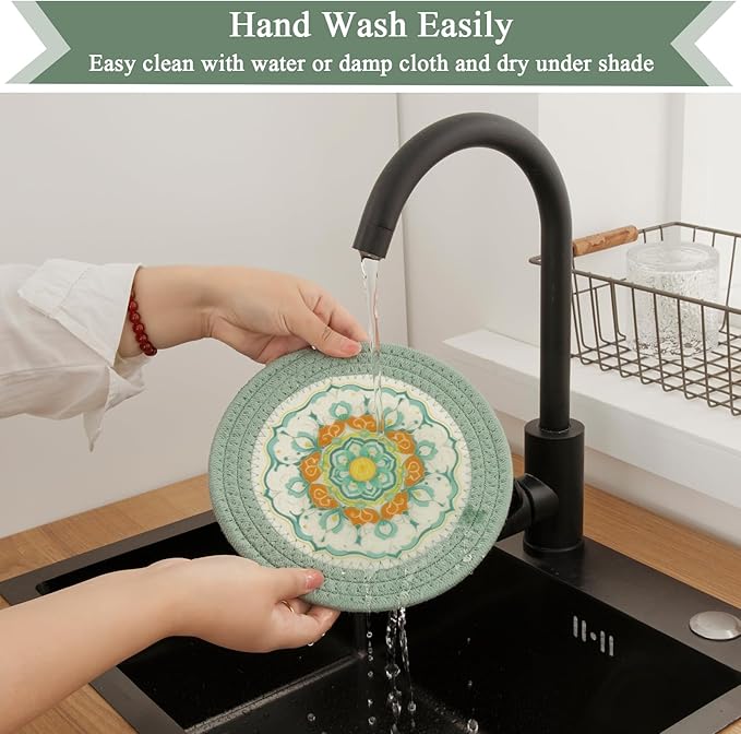 SHACOS Sage Green 8 Inches Trivets for Hot Dishes, 4 Pieces Cotton and Felt Floral Pattern Trivet Mats for Kitchen, Hot Pads for Countertops, Table, Heat-Resistant Pot Holders for Hot Pots and Pans