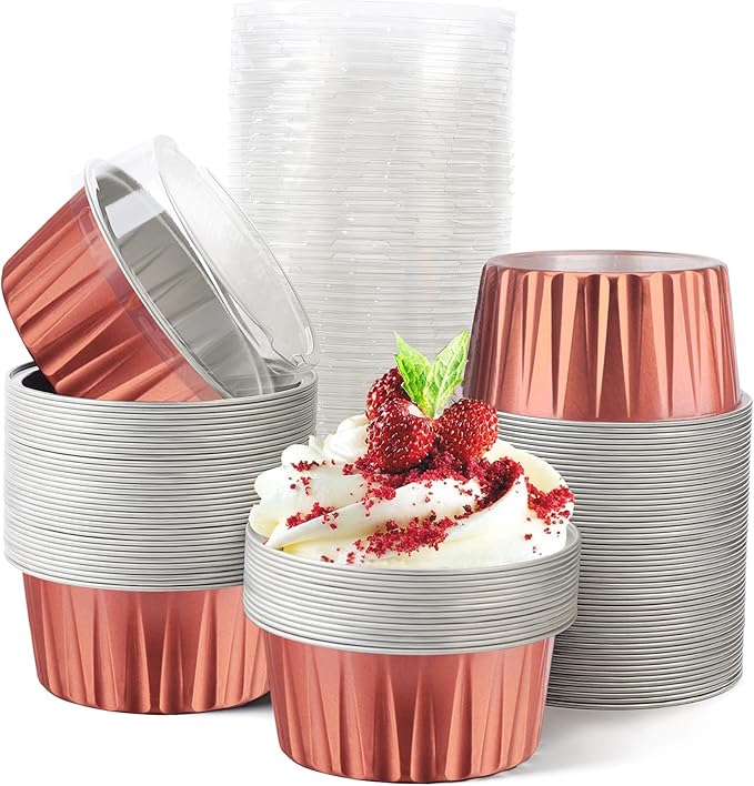 100 Pcs 5 oz Aluminum Foil Cup with Lids Disposable Ramekins with Lids Disposable Ramekin Baking Cups Foil Cupcake Containers for Wedding, Christmas, Kitchen, Party (Caramel, 5 oz)