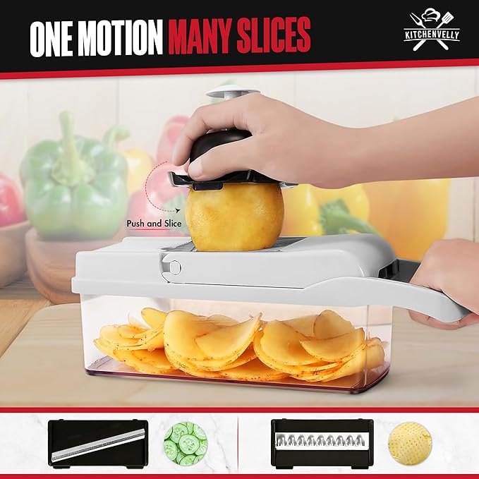 26-in-1 Vegetable Chopper with 8 Blades, Veggie Slicer & Dicer, Food Chopper with Container & Lid, Onion Chopper, Salad Chopper, Multi-Purpose Kitchen Tool for Easy Meal Prep (Black & White)