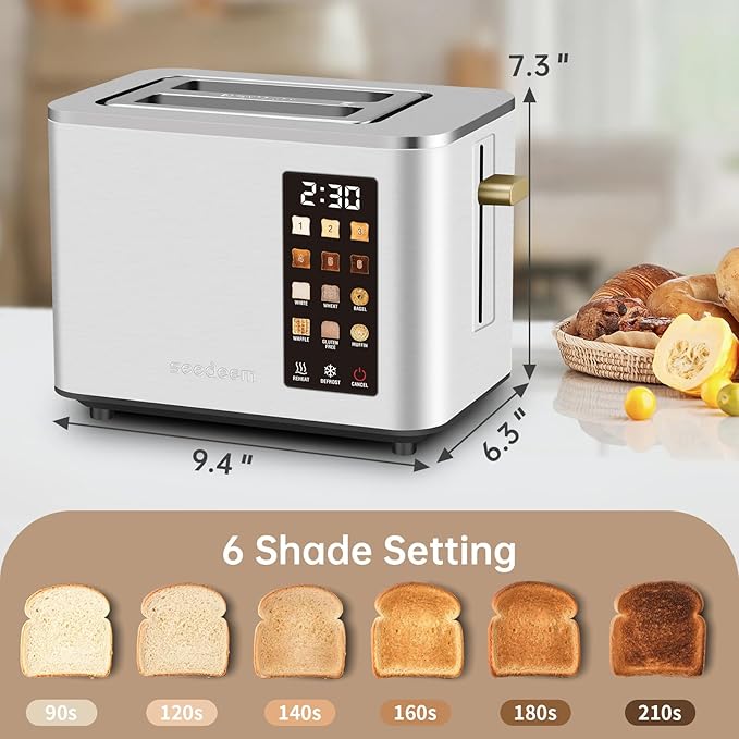SEEDEEM Toaster 2 Slice, Touch Control Screen, Smart Stainless Toaster, 6 Shade Setting, 6 Bread Selection, Countdown, Removable Crumb Tray, 900W, Silver Metallic
