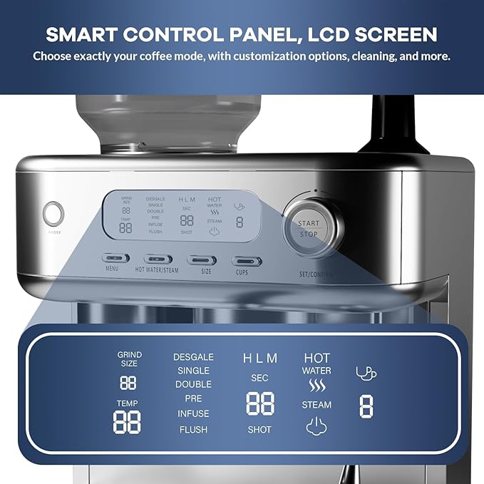 Garvee Espresso Machine with Grinder, 20 Bar Professional Coffee Maker for Home, Coffee Machine with High Power Milk Frother, Digital LCD, Stainless Steel (Single/Double Brew)