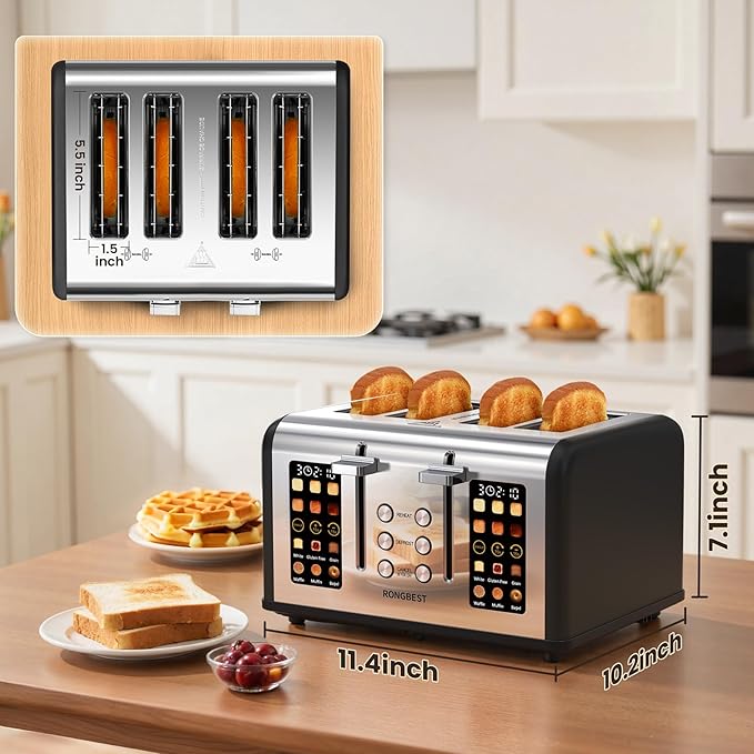 4 Slice Touch Screen Toaster, Stainless Steel Toaster with Wide Slots for Bagels and Bread, Reheat/Defrost/Cancel Functions, Removable Crumb Tray, Matt Black