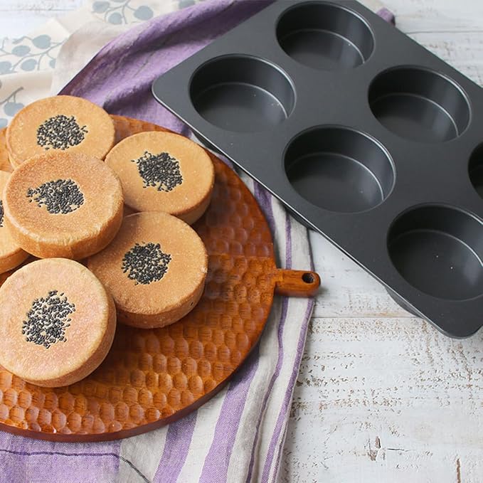 6 Cup Straight Side Jumbo English Muffin Cupcake Pan with Lid Hamburger Burger Bun Egg Sandwich Frittata Cinnamon Roll Focaccia Quiche Pancake Nonstick Baking Tin Tray Mold