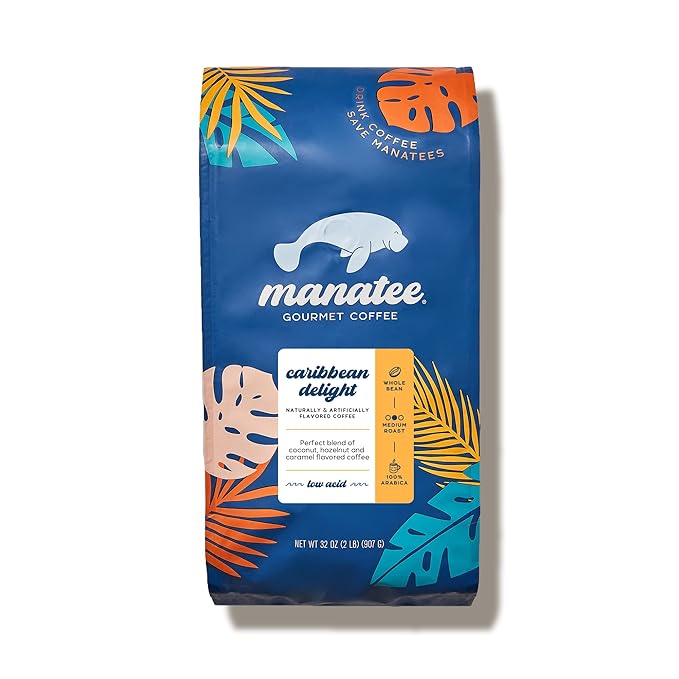 Manatee Gourmet Coffee, Whole Bean, Medium Roast, Caribbean Delight, 2 lb bag, 32 oz