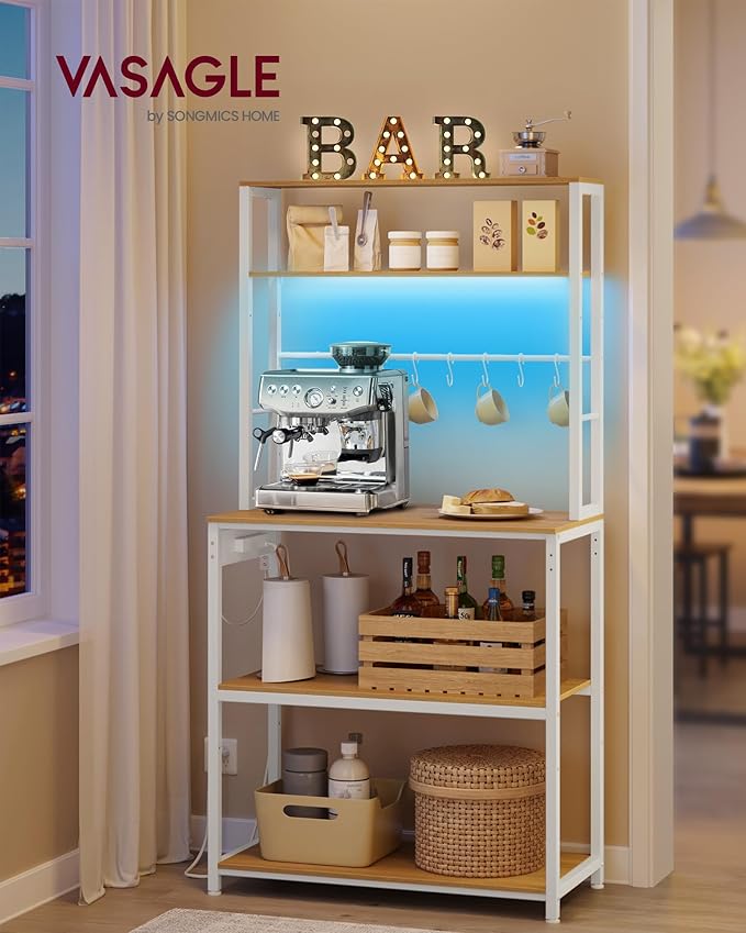 VASAGLE Coffee Bar with LED Lights, Kitchen Bakers Rack with Power Outlet, Microwave Stand with Adjustable Shelves, 8 Hooks, 15.7 x 31.5 x 65.7 Inches, Golden Oak and Matte White UKKS050Y01