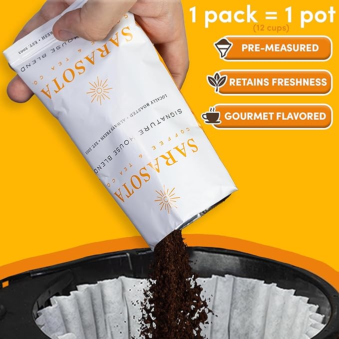 Sarasota Coffee Ground Packets | Gourmet Medium Roast Bulk Coffee Packs | Breakfast Blend | Low Acid Mold Free Singles Individual Pouches for 12 Cup | 1.75 Ounce Bags, 100 Count