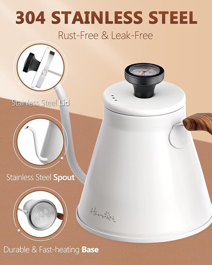Harriet Gooseneck Kettle with Thermometer for Pour Over Coffee and Tea, 37 fl oz, Stainless Steel, Durable 3-Layer Base, Ideal Spout for Precision Pouring, Compatible with all Stove Tops, White
