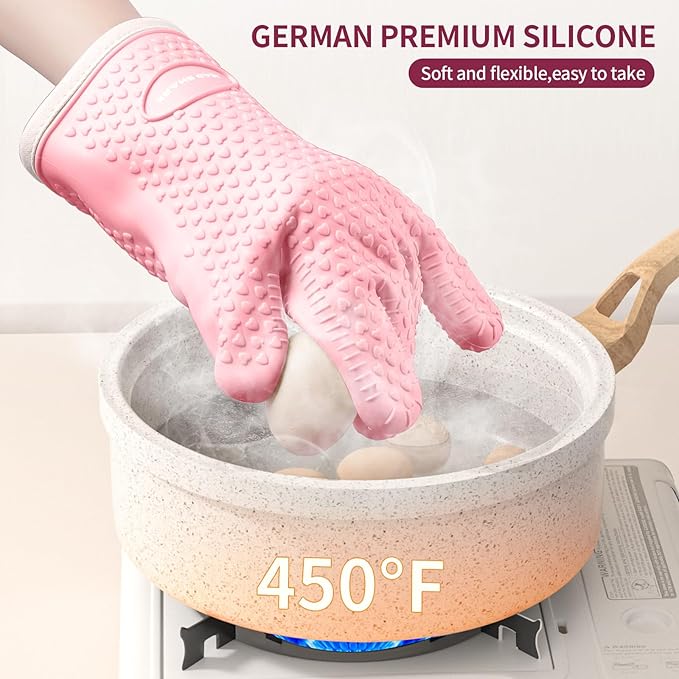 MAD SHARK Silicone Oven Mitts Heat Resistant 450 Degrees,Waterproof & Non-Slip Oven Gloves with Fingers,Cotton Lined Silicone Oven Gloves Kitchen Mitts for Baking Cooking Barbecue,Women (Pink)