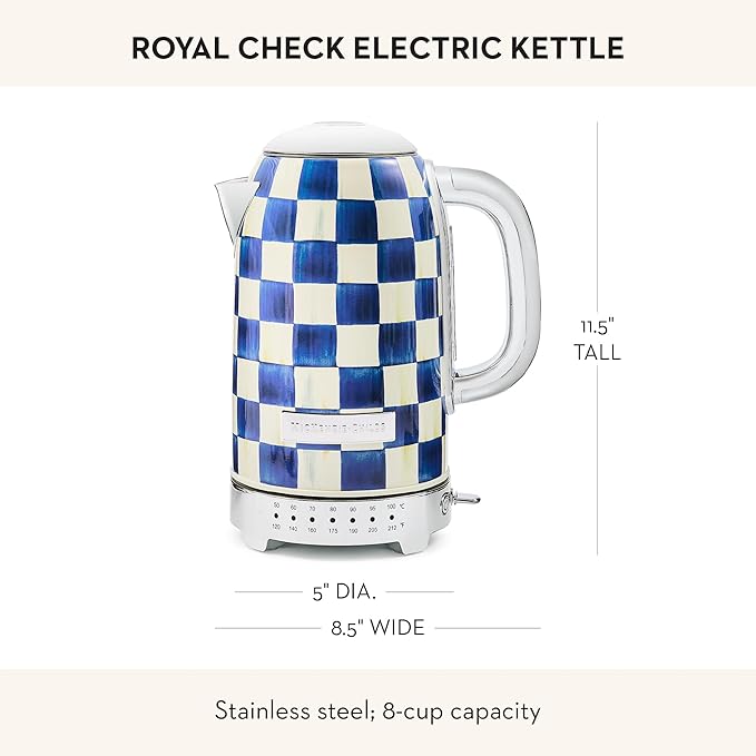 MACKENZIE-CHILDS Electric Kettle, Stainless-Steel Tea Kettle, Blue-and-White Royal Check