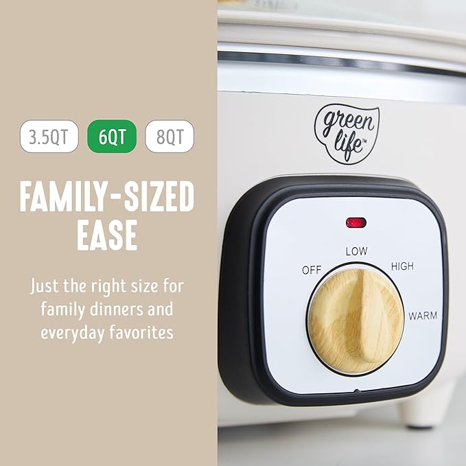 GreenLife 3.5QT Slow Cooker, Non-Toxic PFAS-Free Ceramic Nonstick Removable Interior Bowl, Programmable, Keep Warm, Stovetop & Oven Safe, Dishwasher Safe Parts, Glass Lid, Cream