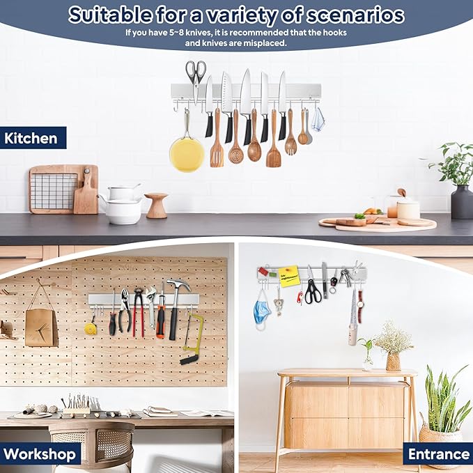 20 inch magnetic knife holder with 10 hooks, no drilling knife magnetic strip, and utensil hanger for wall. Powerful knife magnet rack includes tape and screw