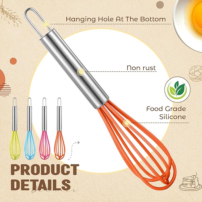Baderke 12 Pcs 6 Inch Mini Whisks Bulk with Stainless Steel Handles Small Silicone Kitchen Whisks Non Stick Tiny Balloon Wire Whisk for Mixing Stirring Baking Cooking Party Favor Gift (Bright Color)
