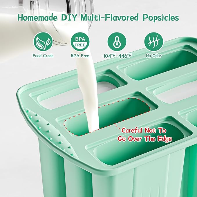 6 Pieces Silicone Popsicle Molds,Easy-Release BPA-Free,Ice Pop Mold Ice Cream Molds For Kids,With 6 PCS Plastic Stick+Cleaning Brush (Mint Green)