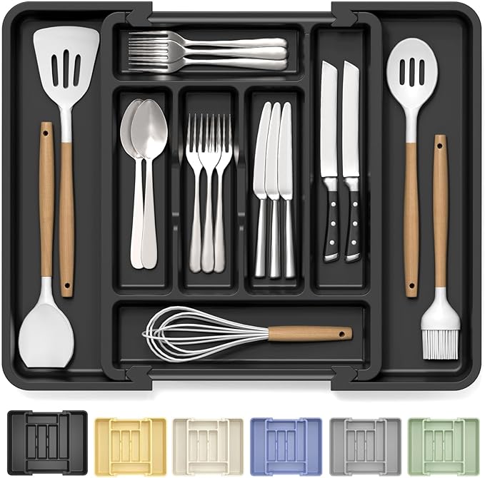 Caperci Large Silverware Organizer for Kitchen Drawer & Utensils - Expandable Drawer Organizer for Cutlery, Flatware & Gadget, BPA-Free Thick Plastic, Wider Compartments & Non-skid Feet (Black)