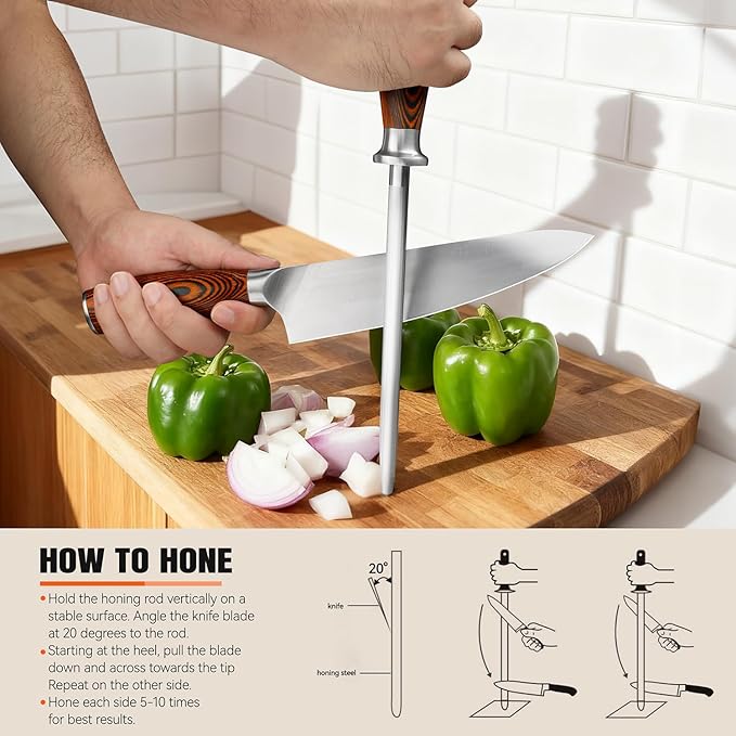 TUO Honing Rod, Sharpening Steel with Larger Diameter for Kitchen Knife Daily Sharpening Maintenance, High Carbon Steel Knife Sharpener Rod, Ergonomic Handle, 8 inch