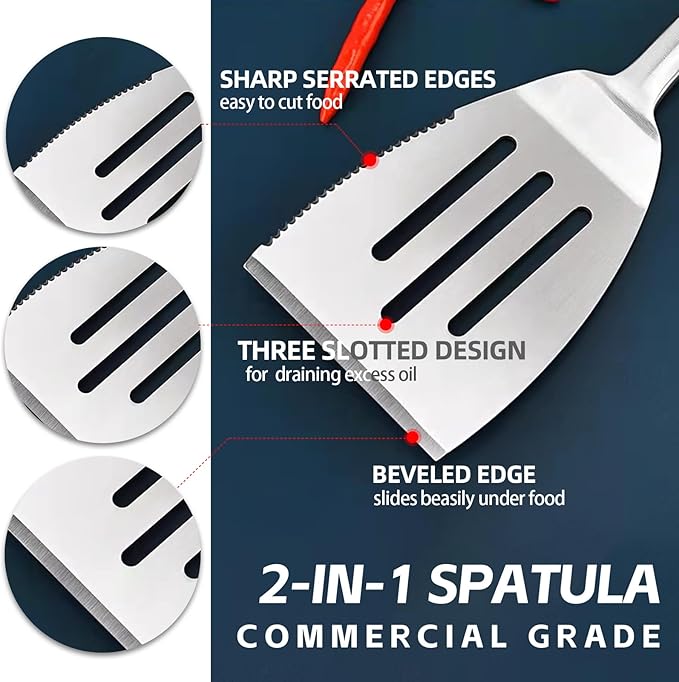 Heavy Duty Grill Tools Set Multi-Function Grill Set Accessories BBQ Set Premium Stainless Steel Spatula Fork & Tongs, Barbecue Utensils Tool Kit Gift for Men Women Grilling Lover Outdoor