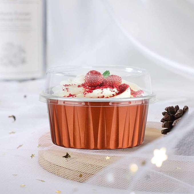 EUSOAR Aluminum Foil Cups, 5oz 50pcs muffin Baking Cups with Lids, 3.34"x2.59"x2.35" 125ml Snacks Desserts Flan, Cupcake Pie Ramekin, Recyclable Catering Party Favor Baking Cups-Caramel