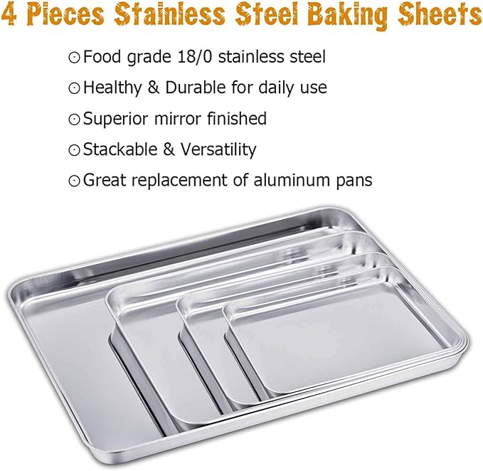 TeamFar Baking Sheet Set of 4, Stainless Steel Baking Pan Tray Cookie Sheet, Non Toxic & Healthy, Rust Free & Easy Clean - Dishwasher Safe
