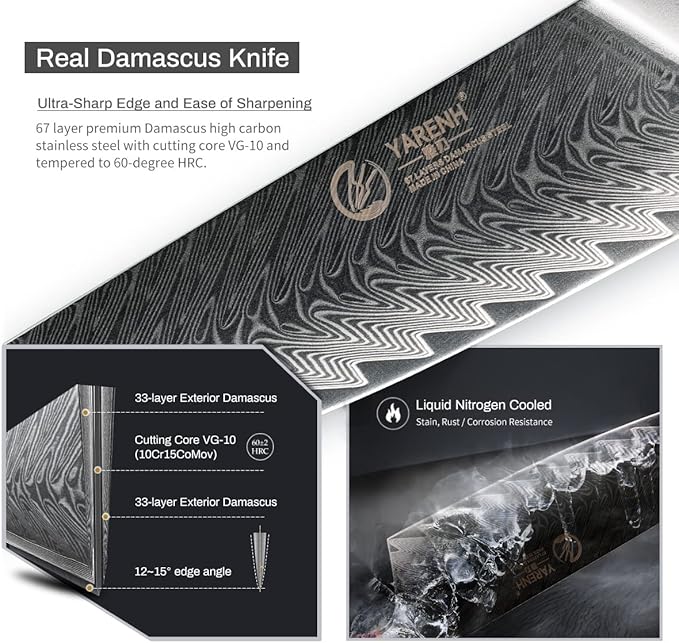 YARENH 8-Piece Kitchen Knife Set with Block,Damascus Chef Knife, 67-Layer High Carbon Stainless Steel,Sharp Rust-Resistant Blades,Sandalwood Handle