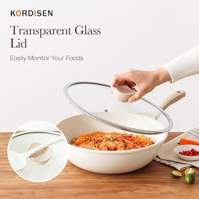 Kordisen Nonstick Wok with Lid, 12 Inch Woks & Stir-fry Pans, Healthy Coating Induction Cookware, Compatible with All Stovetops, PFOA Free (Cream White)