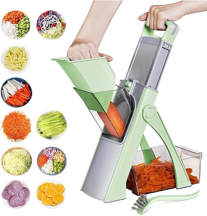 New Upgrade Safe Mandoline Slicer Plus, Biger Size, Adjustable Vegetable Food Chopper Potato Fries Cutter, Detachable Blade, Kitchen Chopping Artifact with Container. Green