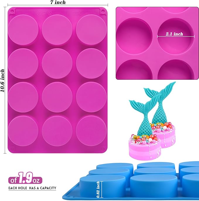 Sakolla 2 PCS Round Chocolate Cookie Molds, 12 Cavity Cylinder Silicone Molds for Chocolate Covered Oreos, Cake, Candy, Pudding, Mini Soap (Rose Red + Blue)