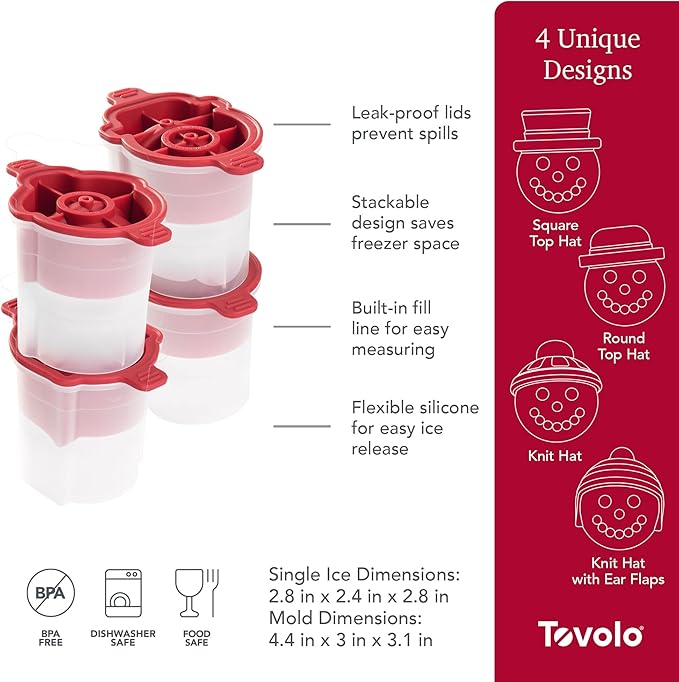 Tovolo Ice Cube Snowman Mold Holiday Ice Molds Silicone Set of 4 Christmas Stocking Stuffer for Adults Fun Festive Ice Sphere Makers