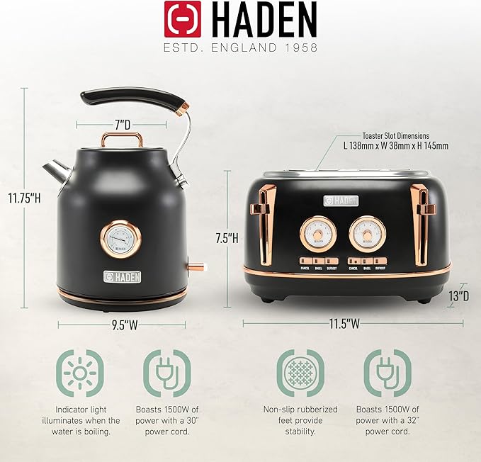 Haden Dorset 1.7 Liter Stainless Steel Electric Kettle with 360-Degree Base Bundled with 4 Slice Wide Slot Stainless Steel Toaster, Black & Copper