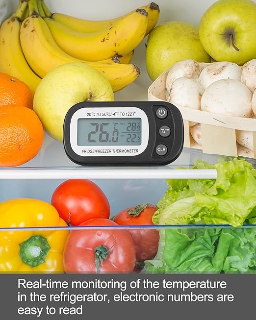 Frienda 8 Pack Black Digital Fridge Thermometer Waterproof Refrigerator and Freezer Room Max/min Record Function LCD Screen Refrigerator Thermometer with Hook and Magnetic Back for Home