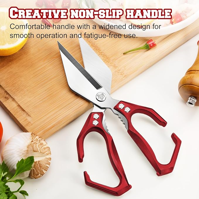 Multifunctional Heavy-Duty Kitchen Shears, Heavy Duty Kitchen Scissors for Food with Ergonomic Handle,Stainless Steel Culinary Shears for Chicken Meat Seafood Bone Cutting,Cooking Accessories (Red)