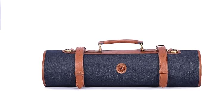 Leather Knife Roll Storage Bag, Elastic and Expandable 10 Pockets, Adjustable/Detachable Shoulder Strap, Travel-Friendly Chef Knife Case (Currant, Canvas)