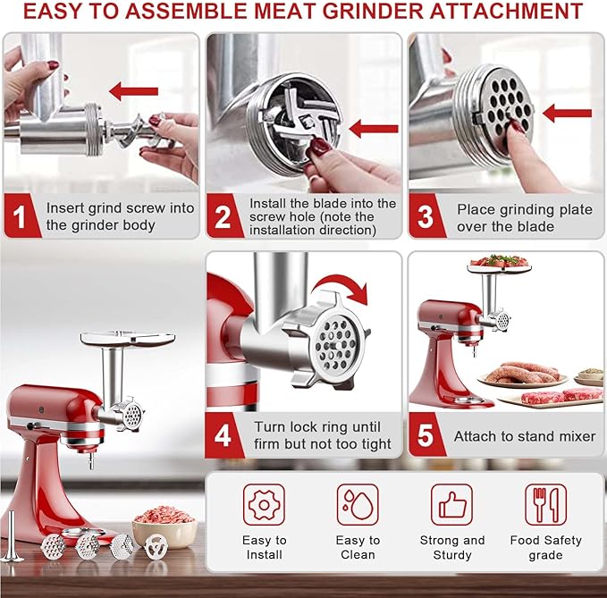 Meat Grinder & Slicer Shredder Attachments for KitchenAid Stand Mixer, Meat Grinder with Sausage Stuffer Tubes and Slicer Shredder Set, 2 Pcs Attachment Set for KitchenAid Mixers By Cofun