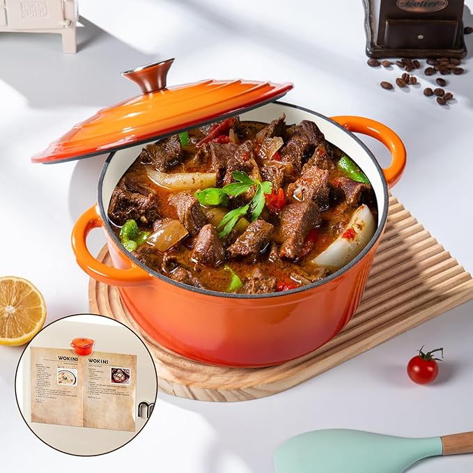 Enameled Cast Iron Dutch Oven Pot with Lid Heavy-Duty Cookware for Bread Baking, Braising, Stews, Roasting,7QT，orange