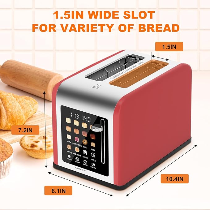 2 Slice Toaster Touch Screen, Stainless Steel Toasters Digital Timer 2 Slot Toasters, 8 Shade Settings 6 Bread Types for Bagel, Cancel, Defrost (Red)