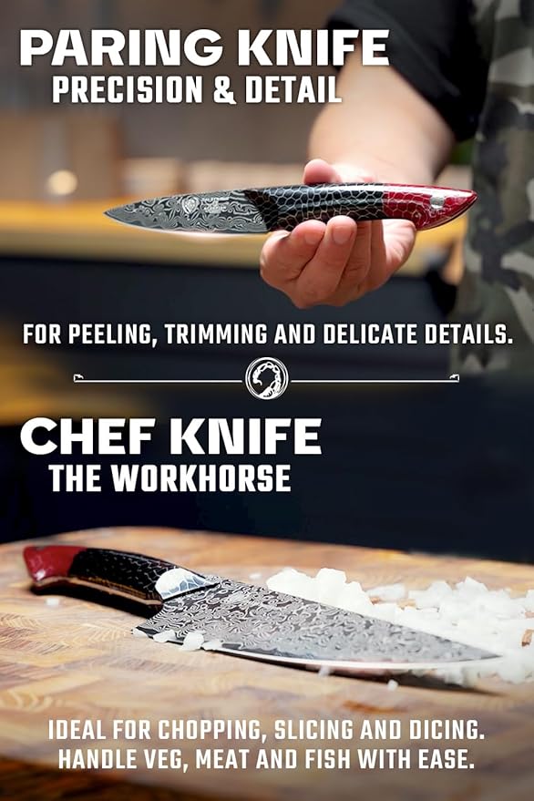 Dalstrong 2 Piece Knife Set - Chef Knife 8"+Paring Knife 4"-Scorpion Series Hellfire-Japanese V12 Ultra™Steel-Black Damascus-Black & Red Honeycomb Resin Handle-Leather Sheath