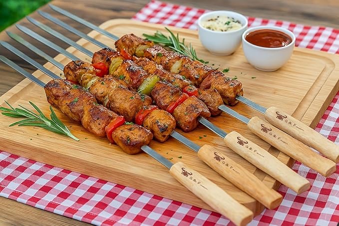 G & F Products Brazilian BBQ Skewers 16 Piece Set Stainless Steel Kabob Sticks 17-Inch Flat Blade with Hardwood Handles Reusable Commercial Grade for Grilling Meat Kebab and Outdoor Cooking