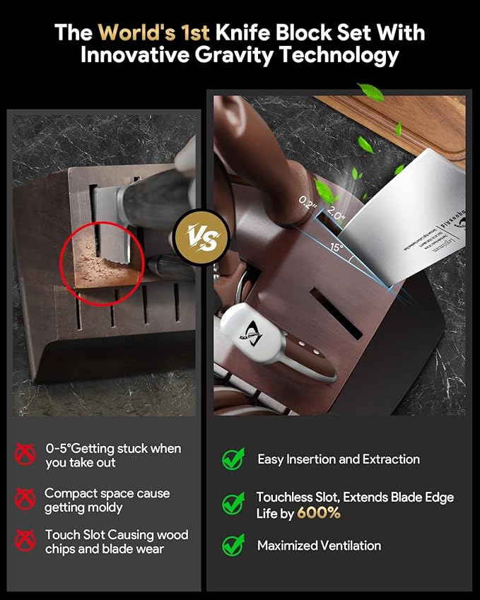 Knife Set, New 15° Beveled Easy Insert, 15 Pcs Kitchen Knife Block Set with Block and Sharpener, German Vacuum Oil Cooled Crafted, Countertop-Free Steak Knife Set, Stainless Steel Brown