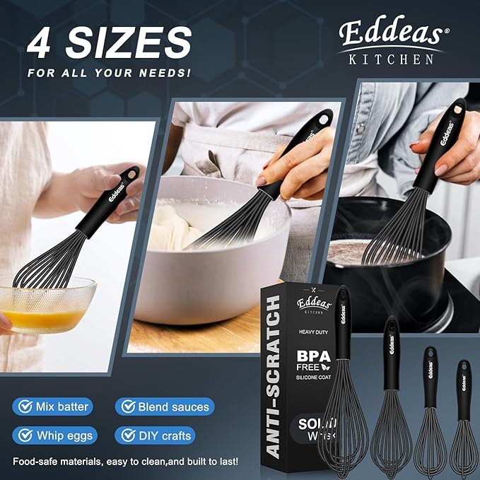Silicone Whisk - Non Scratch Whisks for Cooking, 500°F Heat Resistant Siliocne Wisk tool, Heavy Duty Kitchen Whisks, for Blending, Beating, set of 4 (5+7+9+11 inch) Black