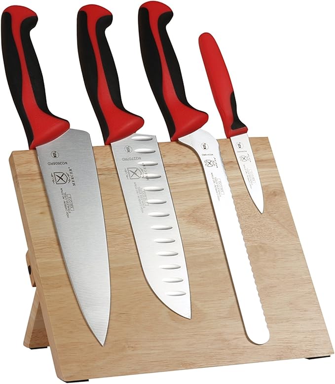 Mercer Culinary Millennia Colors 5-Piece Magnetic Board Set with Red Handles, Rubberwood
