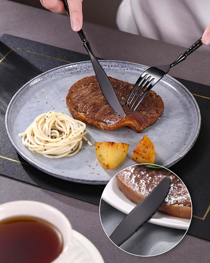 Lemeya 20-Piece Hammered Black Silverware Set,18/10 Stainless Steel Forging Heavy Duty Cutlery Set for 4, Luxury Unique Flatware Set,Spoons and Forks Set,Mirror Polished,Dishwasher Safe