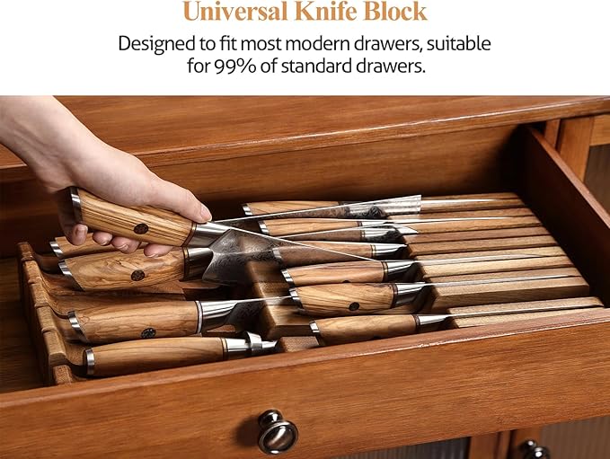 XINZUO In-drawer Knife Block, Natural Acacia Knife Drawer Oganizer, Insert-Kitchen Storage Holder, 11 Slots, Holds up to 11 Various Size Knives, Countertop Saving&Knife Protective