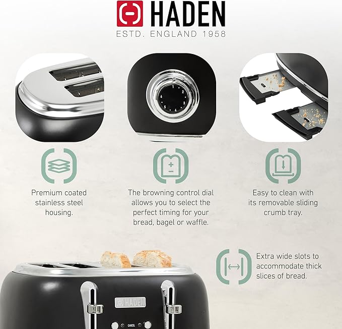 Haden Heritage 4 Slice Wide Slot Stainless Steel Toaster Bundled with 1.7 Liter Stainless Steel Electric Water Kettle, Black & Chrome