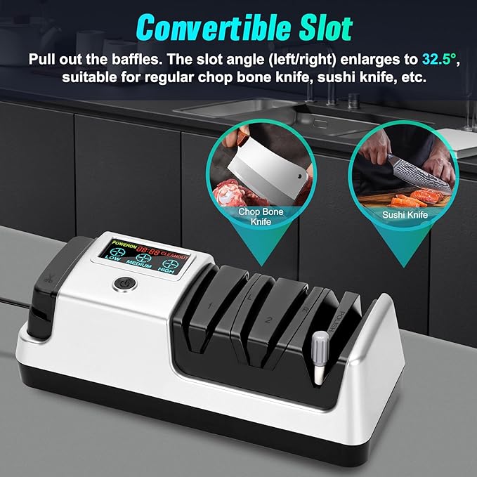 Upgrade 5 in 1 Electric Knife Sharpener with LCD Screen, 3 Rotational Speed Adjustable, 100% Diamond Abrasives, knife sharpener for Straight, Serrated, Meat Cleaver, Ceramic Knives & Scissors, Sliver