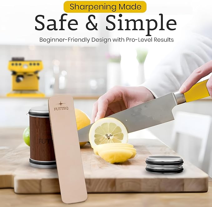 Tumbler Rolling Knife Sharpener Kit - Best Kitchen Knives Sharpening System with Leather Strop and 2 Extra Diamond Disks, Complete Set of Manual Knife Sharpener with Knife Sharpening Guide