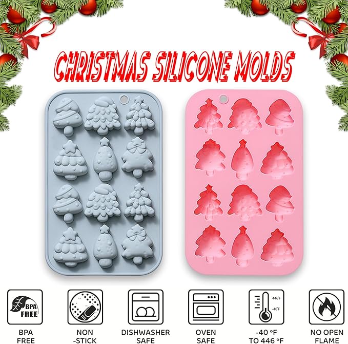 2 Pcs Christmas Tree Silicone Molds, 6 Types 12 Cavity Christmas Tree Shaped Candy Baking Moulds, for Chocolate Jelly Soap Fondant Candy Candles Pastry Gummies Cake DIY Decorating