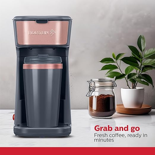 Holstein Housewares Personal Coffee Maker with 14oz Travel Mug – Compact One-Touch Brew Machine with Reusable Filter, Auto Shut-Off, Non-Stick Plate, Ideal for Home, Office, or Dorm. Rose Gold & Grey