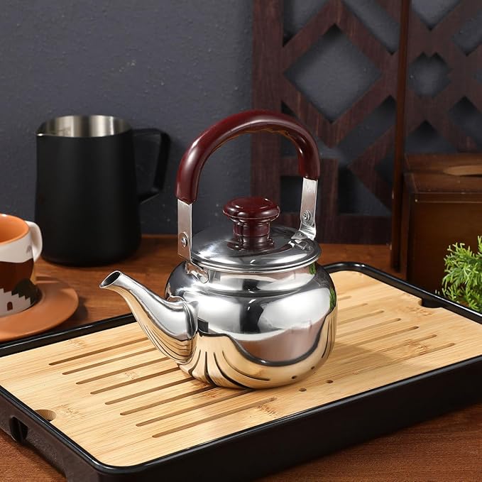 LIFKOME Traditional Stainless Steel Heavy Duty Tea Kettle With Sandwich Bottom and Specialty Cool Touch Handling Mirror Finish Stainless Steel Whistling Tea Kettle Stove Top
