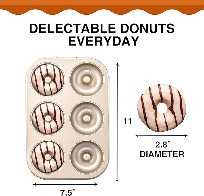HONGBAKE Nonstick Donut Pans For Baking, 2-Pack 6 Cavity Upgraded Deepened Doughnut Tray, Heavy Duty Mini Bagel Mold for Oven - Bronze Gold