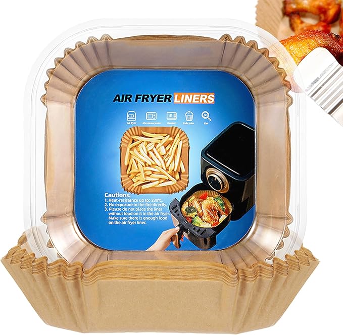 Air Fryer Paper Liners, 100 Pcs Disposable Non-Stick Air Fryer Parchment Paper Fit 2-5QT Air fryer Basket Oil Resistant, Waterproof Baking Paper Roasting Microwave (Square,6.5 Inch)